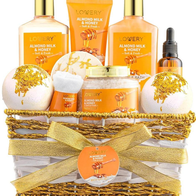 Gifts for Women Gift Basket for Women - 10 Pc Almond Milk & Honey Beauty & Personal Care Set - Home Bath Pampering Package for Relaxing - Spa Self Care Kit - Thank You, Birthday, Mom, Anniversary Gift