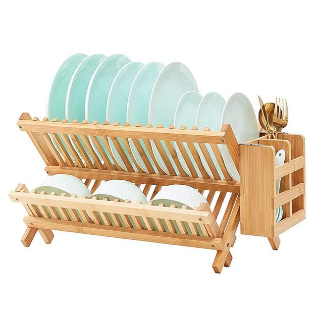 WORTHYEAH Bamboo Dish Drying Rack, 2 Tier Collapsible Dish Rack with Utensil Holder, Wooden Dish Drying Rack for Kitchen Counter, Large Folding Drying Holder, Dish Drainer