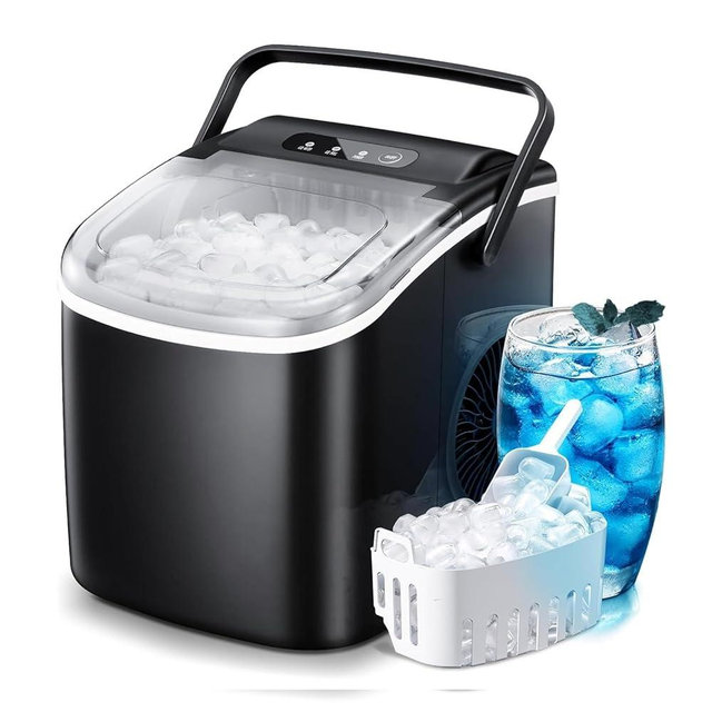 Kismile Ice Makers Countertop with Carry Handle,26Lbs/Day,9 Bullet Ice Ready in a 7 Mins Round,Auto-Cleaning Ice Maker with Ice Basket and Ice Scoop,Portable Ice Maker for Home,Office,Kitchen (Black)