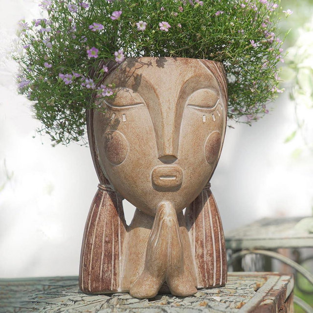 Saysmile Face Planter Pots with Drainage Hole, Resin Head Planters for Indoor Plants Flower Plant Pots Succulent Pot, Cute Girl Face Planter Gifts for Lover-Praying