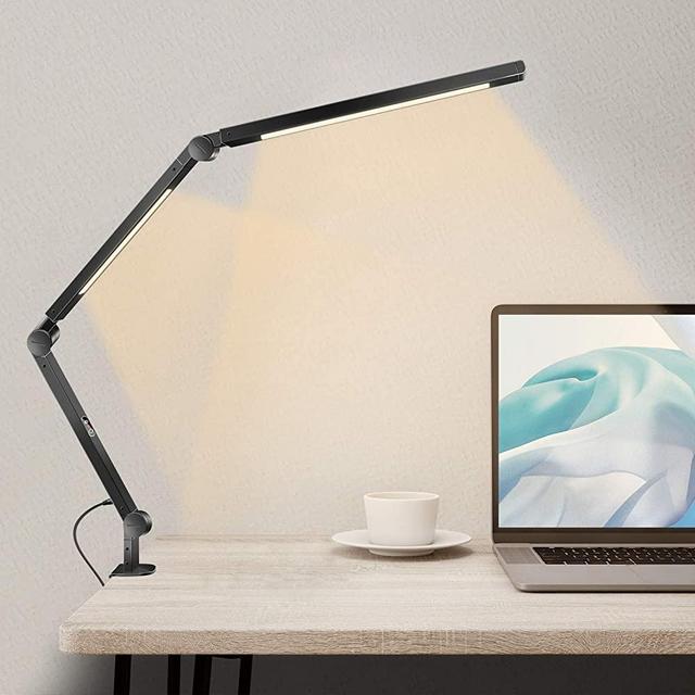 Led Desk Lamp, [Dual Light Source] EppieBasic 12W Swing Arm Desk Lights with Clamp for Home Office, Stepless Dimming & Adjustable Color Temperature Modern Architect Lamp for Study, Reading