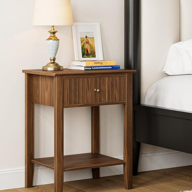 Apetaccat Fluted Nightstand, Farmhouse Night Stand with 1 Drawers, Mid Century Modern Side Accent Table,Bedside End Table for Bedroom, Living Room, Brown