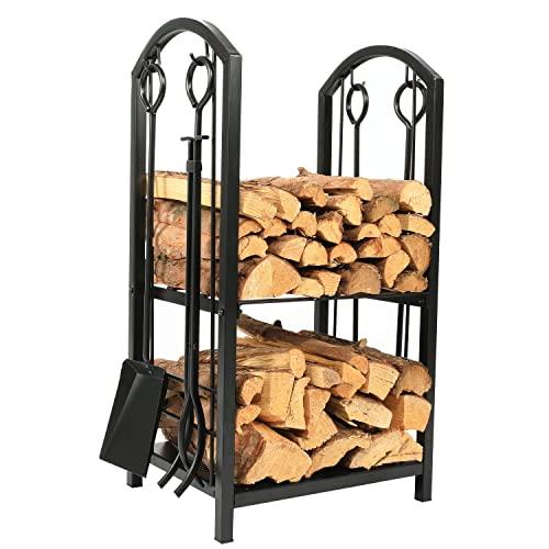 1.Go 18"Wide x 27.5"High Iron Firewood Log Rack with Fireplace Tool Set