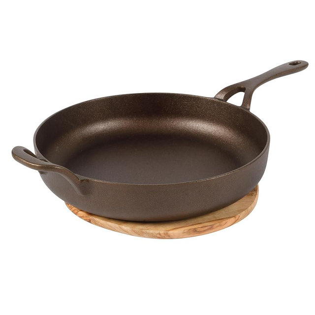 Bloomhouse - Two Time Oprah's Favorite Things Winner - Natural Bronze Finish 10" Cast Iron Skillet w/Long Handle, Helper Handle & Olive Wood Trivet – Olive Oil Treated Fry Pan, Oven & Stovetop Safe