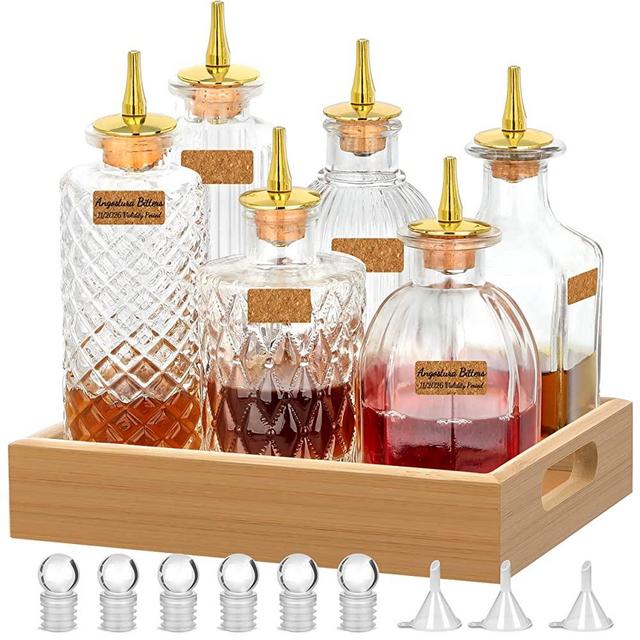 Bitters Bottle - Set of 6 Glass Dasher Bottles with Tray Barware Set for Home Bar Bartender