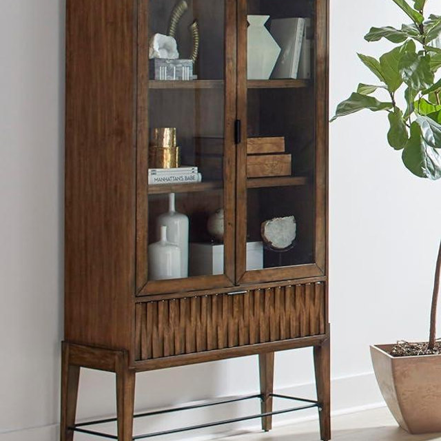 Mid-Century Wood Modern Glass Door Bookcase Display Office Bookcase Brown