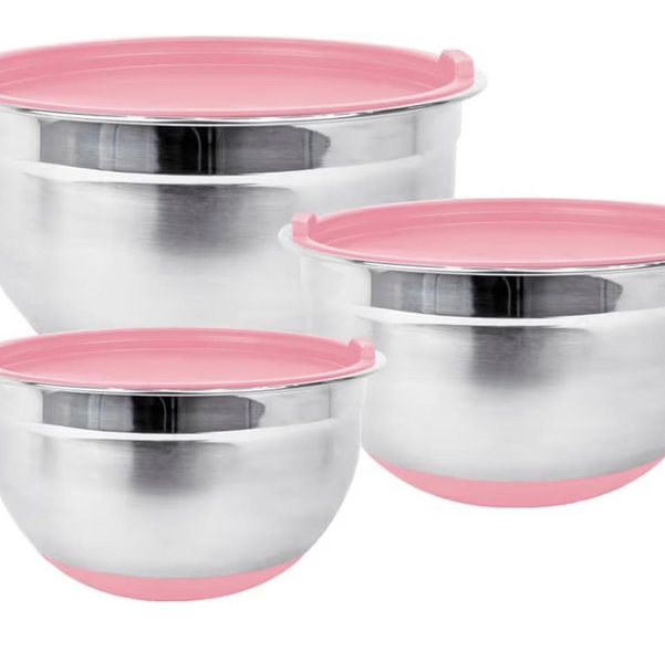 Stainless Steel Mixing Bowls with Lids and Non Slip Bases (Set of 3, Pink)