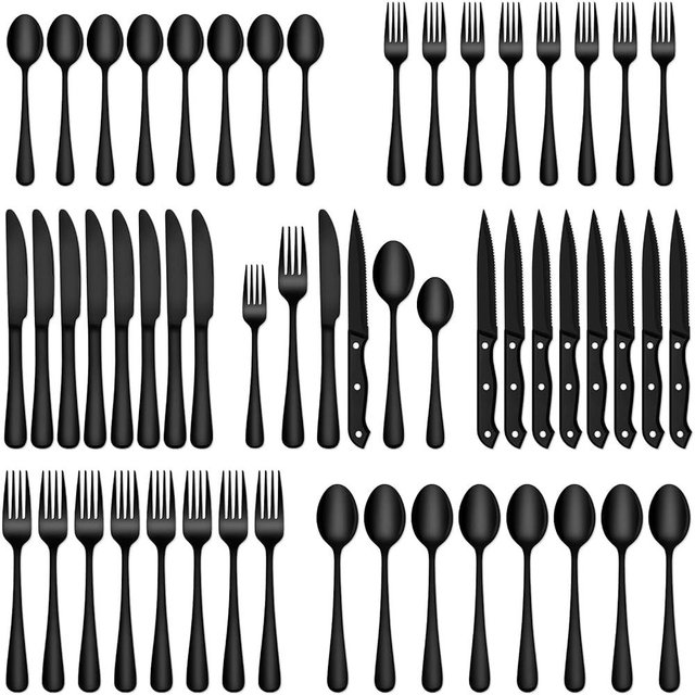 EUIRIO 48-Piece Black Silverware Set with Steak Knives, Heavy Duty Black Flatware Set for 8, Food-Grade Stainless Steel Tableware Cutlery Set, Black Utensil Sets for Home Restaurant, Mirror Finish
