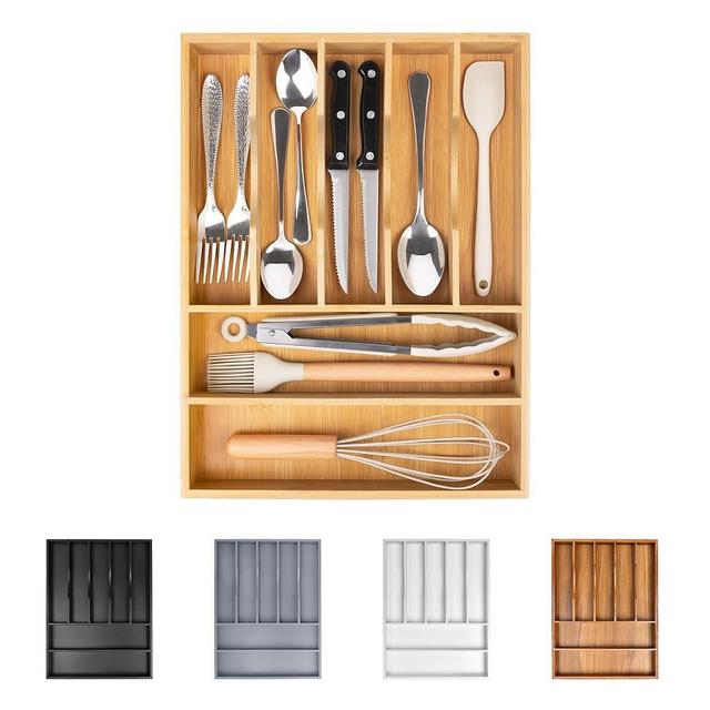 Bellsal Bamboo Silverware Drawer Organizer, Kitchen Utensil Drawer Organizers, 12"x15.7" Utensils Holder Cutlery Tray with Grooved Drawer Dividers for Kitchen Flatware Bedroom Office(7 Slot, Natural)