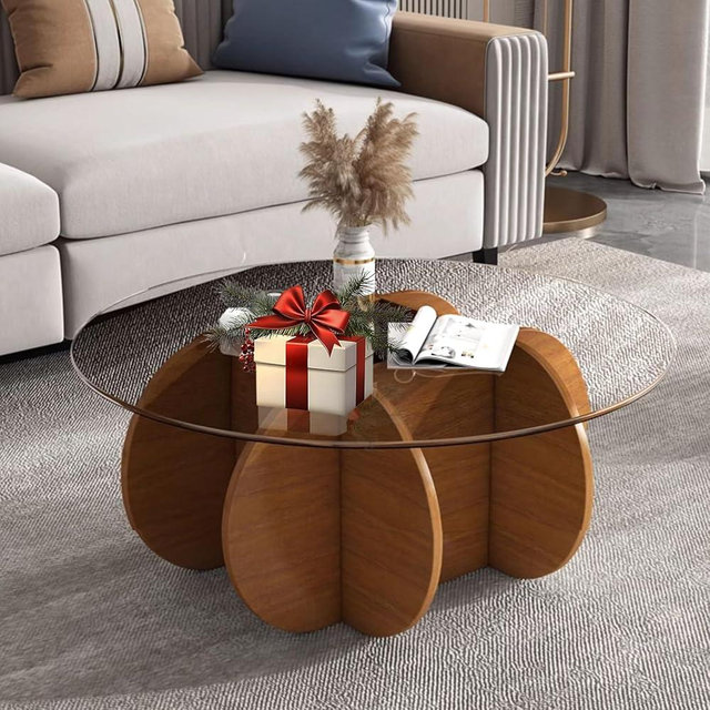 Glass Coffee Tables for Living Room Modern Elegant Round Coffee Table Mid Century Farmhouse Center Table with Solid Wood Frame and Tempered Glass Tabletop, Easy Assembly,31.5''