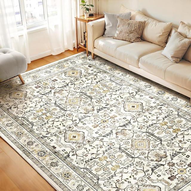 WITSHOCK Living Room Area Rugs 8x10: Washable Rug Boho Soft Non-Slip Low Pile Stain Resistant Foldable Carpet for Bedroom Playroom Dining Room Office Kitchen Farmhouse Home Decor Rug-Cream Color