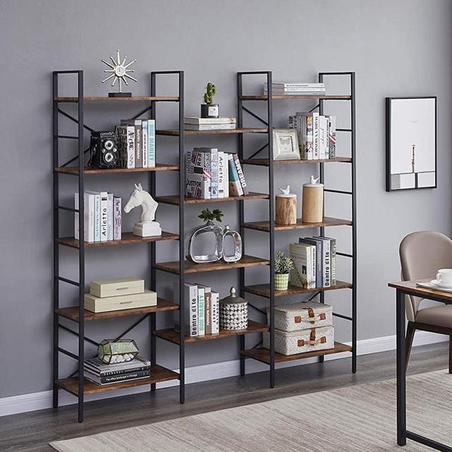 SUPERJARE Triple Wide 5-Tier Bookshelf, Rustic Industrial Style Book Shelf, Wood and Metal Bookcase Furniture for Home & Office - Rustic Brown