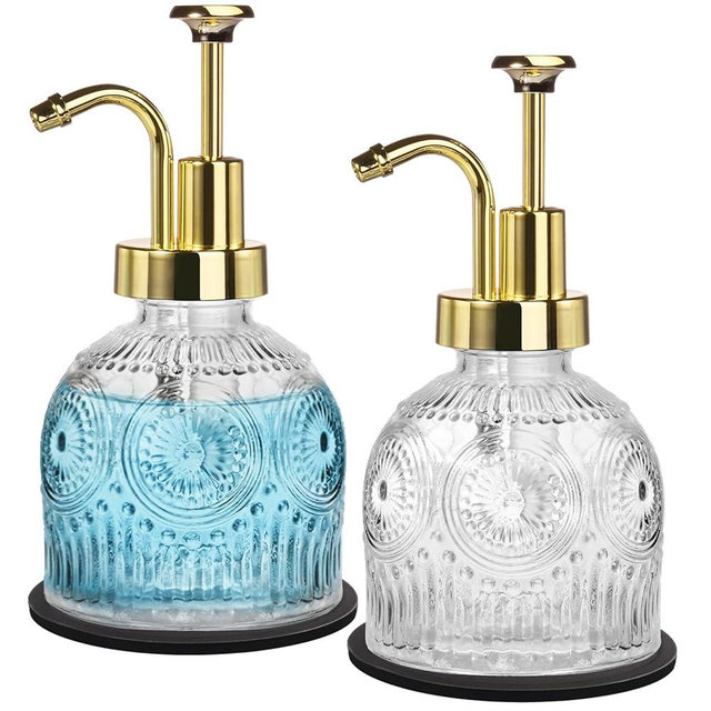 SheeChung Vintage Soap Dispenser, Kitchen Dish Soap Dispensers with Pump Mat, Glass Hand Soap Dispenser for Bathroom, Liquid, Lotion, Refillable, Rustic Farmhouse Decor-Clear (Gold Pump, 2 pk)