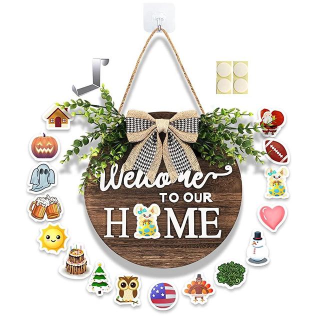 Interchangeable Welcome Home Sign for Front Door Porch Decor Hanging Rustic Solid Wood Welcome to Our Home with Interchangeable Door Sign for Outdoor Farmhouse Holiday Easter Housewarming Gift