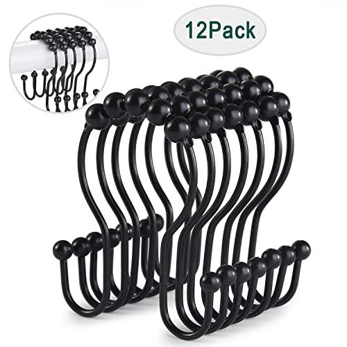 Goowin Shower Curtain Hooks, 12 Pcs Shower Curtain Rings, Stainless Steel Roller Rust-Resistant Balance Sliding Anti-Drop Double Head Shower Hooks Rings for Bathroom Shower Rods Curtains (Black)