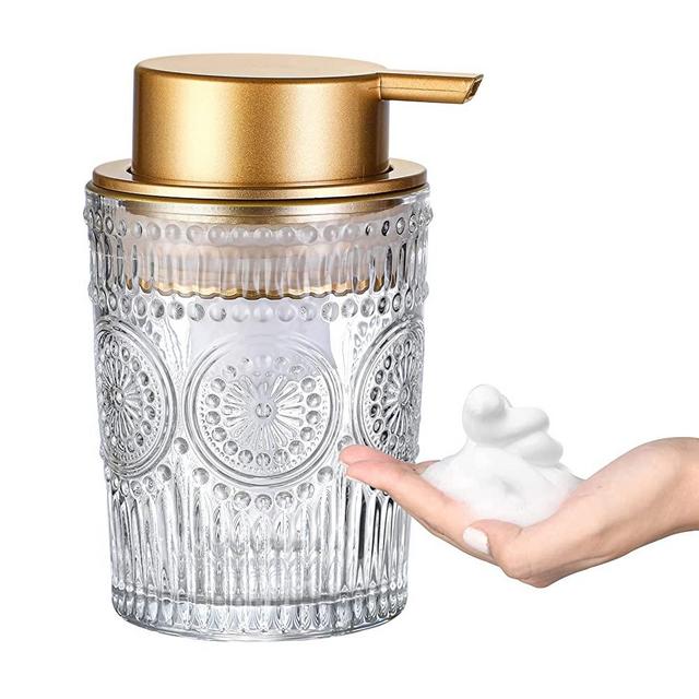 MKLZ 8 Oz Glass Foam Soap Dispenser, Clear Hand Liquid Bottles with Gold Plastic Pump, Refillable Round Foaming Lotion Dispensing for Kitchen Sink & Bathroom Counter