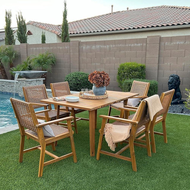 Sophia & William 7-Piece Patio Outdoor Dining Table Chair Set, Rattan Furniture Set of 6 Rattan Chairs and 1 Acacia Wood Rectangular Table for Yard, Garden, Porch and Poolside