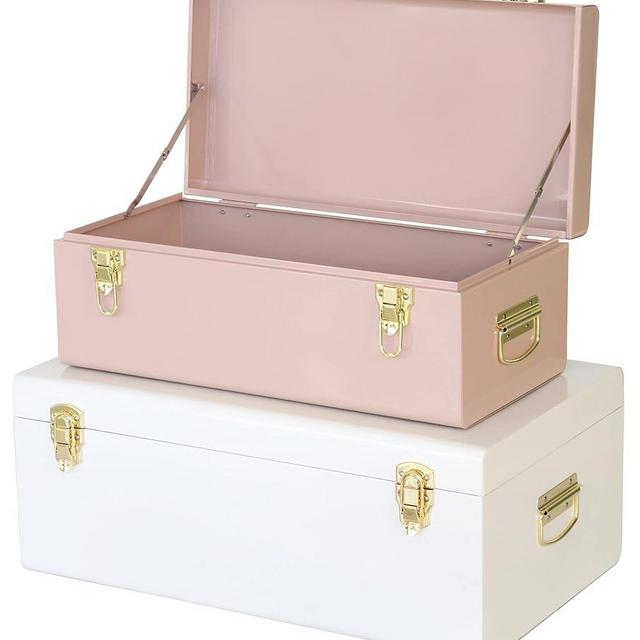 Vixdonos Metal Trunks College Dorm Steel Chests Decorative Storage Box Set of 2 Bedroom Organizer for Home Decor,23.7X14.2X9.5 Inches(Pink and White)