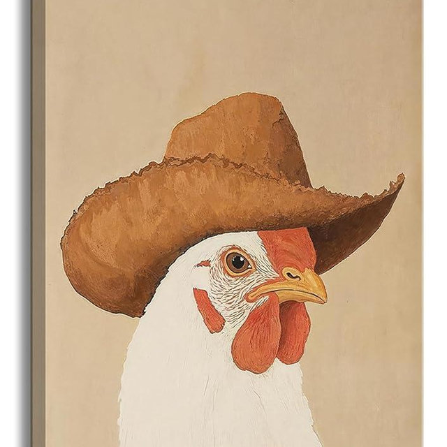 Vintage Cowboy Rooster Canvas Wall Art Funny Animal Cowboy Silly Chicken Picture Wall Decor Eclectic Western Art Farmhouse Rooster Painting Poster Print Artwork for Bedroom Bathroom,12X16in