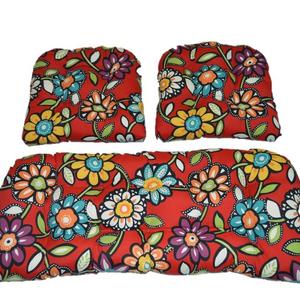 3 Piece Wicker Cushion Set - Red, Blue, Green, Purple Contemporary Floral Indoor / Outdoor Fabric Cushion for Wicker Loveseat Settee & 2 Matching Chair Cushions