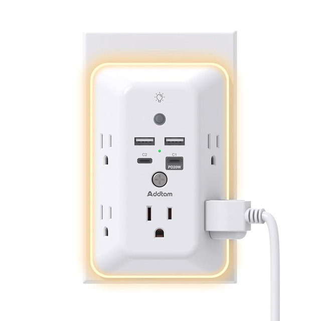 Surge Protector, Outlet Extender with Night Light, Addtam 5-Outlet Splitter and 4 USB Ports(PD 20W), Multi Plug Wall Outlet Power Strip for Home Office Dorm Room Essentials