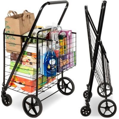 Folding Steel Grocery Cart, Portable Basket for Shopping w/ Swivel Wheels, 220lb Capacity