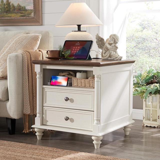 T4TREAM 24'' Farmhouse End Table with 4 Solid Wood Feet, Large 2 Drawers Sofa Side Table with Charging Station, Country Rustic Wood Square Nightstand for Living Room, Bedroom, Office, Antique White