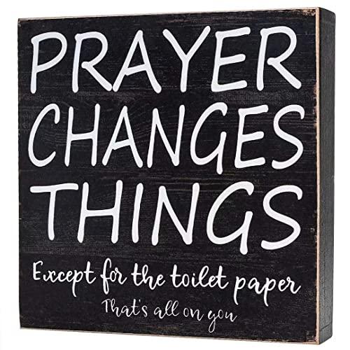Yankario Farmhouse Bathroom Decor for Home, Rustic Bathroom Wall Decor Box Signs About 8" Square, Prayer Changes Things