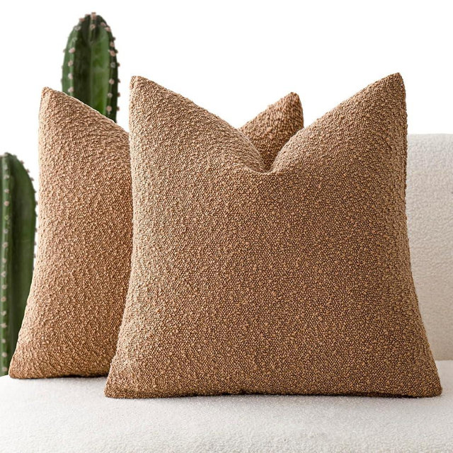 Foindtower Set of 2, Decorative Textured Boucle Throw Pillow Covers Accent Solid Pillow Cases Neutral Soft Couch Cushion Case for Chair Sofa Bedroom Living Room Home Decor 26 x 26 Inch Rust Tobacco