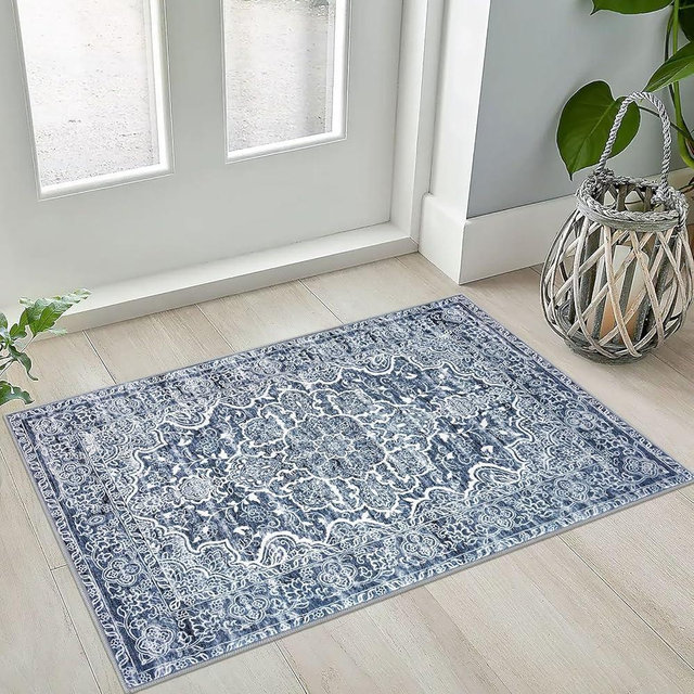KUTA Vintage Small Area Rug 2x3 Blue Washable Oriental Entryway Rug Non-Slip Ultra Soft Floral Rug Doormat Printed Floral Retro Distressed Carpet Rug Small Accent Rug Farmhouse Kitchen Throw Rug