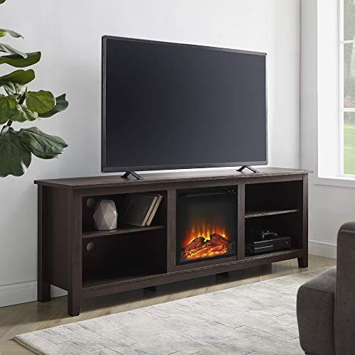Walker Edison Furniture Company Minimal Farmhouse Wood Fireplace Universal Stand for TV's up to 80" Flat Screen Living Room Storage Shelves Entertainment Center, 70 Inch, Espresso
