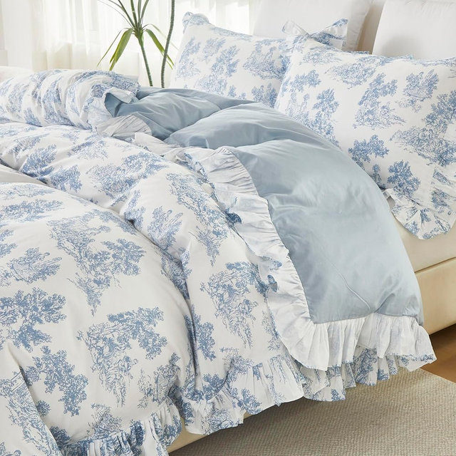 Brandream French Toile Duvet Quilt Cover Full Size 100% Cotton Bedding Set Pastoral Toile Cottagecore Grandmillennial Tapestry Pattern Garden Floral Blossom Tree Delicate Ruffle Fringe Design, Blue