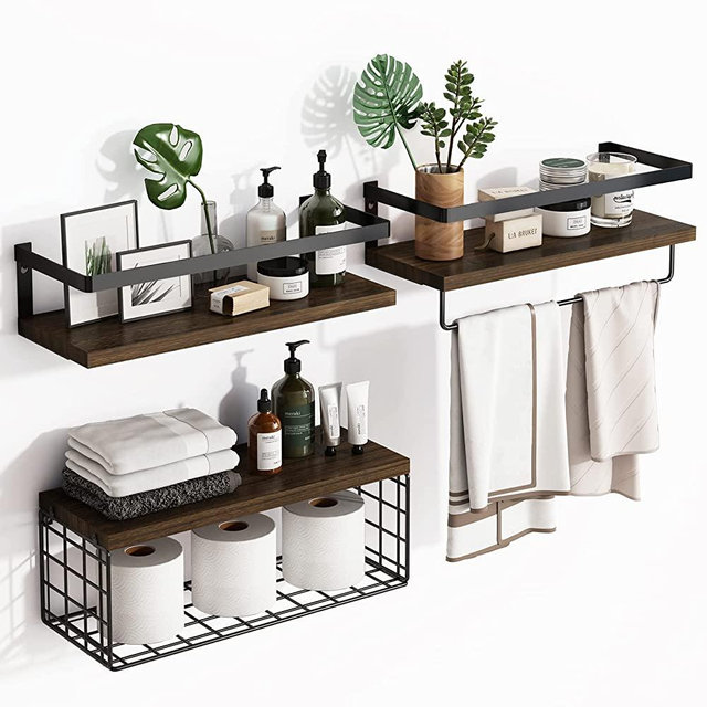 Fixwal 3+1 Tier Wall Mounted Floating Shelves with Metal Frame, Rustic Wood Bathroom Shelves Over Toilet with Wire Storage Basket and Towel Bar for Bathroom, Kitchen, Bedroom (Dark Brown)