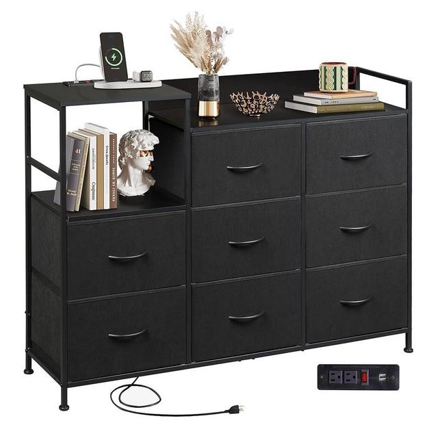 WLIVE Black Dresser TV Stand for Bedroom with Charging Station and Open Shelves, Fabric Dresser with 8 Drawers and Wood Top, Wide Storage Chest of Drawers for Living Room, Hallway