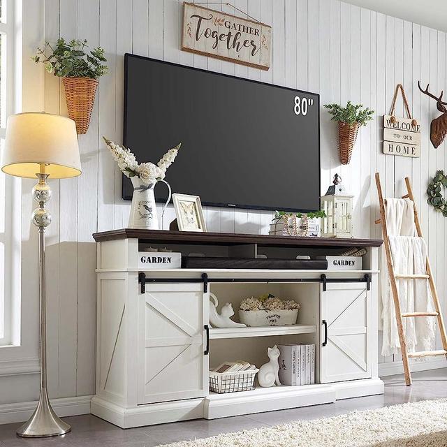 SinCiDo Farmhouse TV Stand for 80 Inch TVs, 39" Tall Entertainment Center w/Double Sliding Barn Door, Large Media Console Cabinet w/Soundbar & Adjustable Shelves for Living Room, 70inch, White