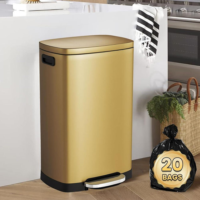 SYNCVIBE 13 Gallon Trash Can with Lid, 50L Stainless Steel Soft Close Lid Rubbish Bin with Removable Inner Bucket, Pedal Garbage Can for Home Office, Kitchen, Bedroom, Living Room, Titanium Gold