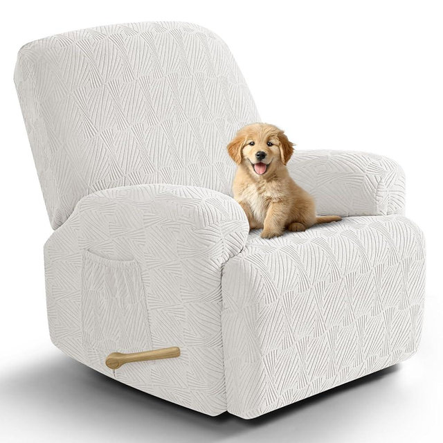 VANSOFY Recliner Chair Covers, 4-Pieces Stretch Recliner Cover Jacquard Soft Reclining Chair Slipcover Furniture Protector with Elastic Bottom for Lazy Boy Recliner(Porcelain White)