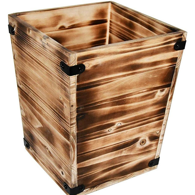 Owlgift Decorative Rustic Burnt Wood Trash Can, Farmhouse Stylish Wooden Waste Basket Near Desk, Square Garbage Cans Trashcan with Metal Brackets for Office, Bedroom & Bathroom