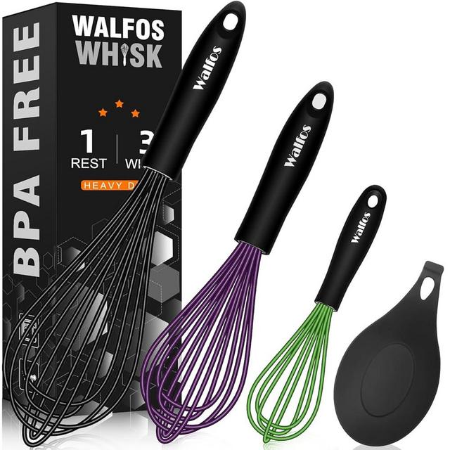 Walfos Silicone Whisk With 8in Rest,Whisks for Cooking Non Scratch,7.5+9+11in Whisk for Nonstick Cookware,Dishwasher Safe,Rest for Kitchen Counter Wisk Perfect for Blending, Baking, Beating, Set of 4