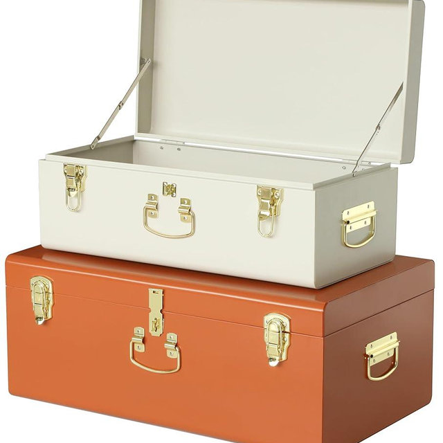 Vixdonos Decorative Large Metal Box Storage Trunk Chest Set of 2 College Dorm Organizer with Hardware Hasps and Handle for Home Deocr,23.7X14.2X9.5 Inches(Beige and Orange)