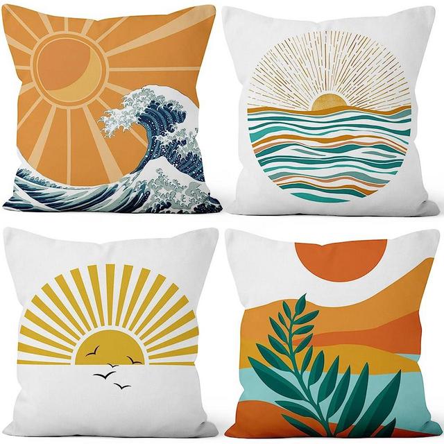 MIRRORANG Boho Throw Pillow Covers 18x18 Set of 4 Decorative Sun Sunset Sunrise Mountain Landscape Leaf Linen Pillowcases for Couch and Outdoor Patio Yellow