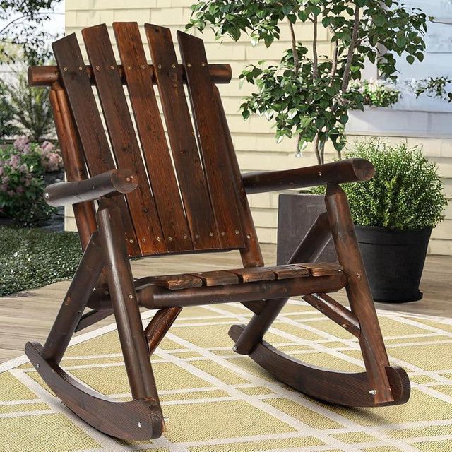 EPICOZY Outdoor Wooden Rocking Chair, Patio Rustic Adirondack Porch Rocker, All Weather Solid Wood Log Rocker Chair with High Back & Slatted Seat for Indoor, Backyard, Garden, Carbonized