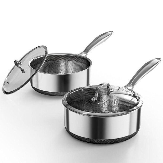 Sauce pan with Lid, KURRUNGIE 1.5 & 2.8 QT Hybrid Stainless Steel Cookware Set, PFOA Free 5-Ply Cooking Pots with Lids, Stainless Steel Pans for Cooking, Induction Cookware Oven and Dishwasher Safe