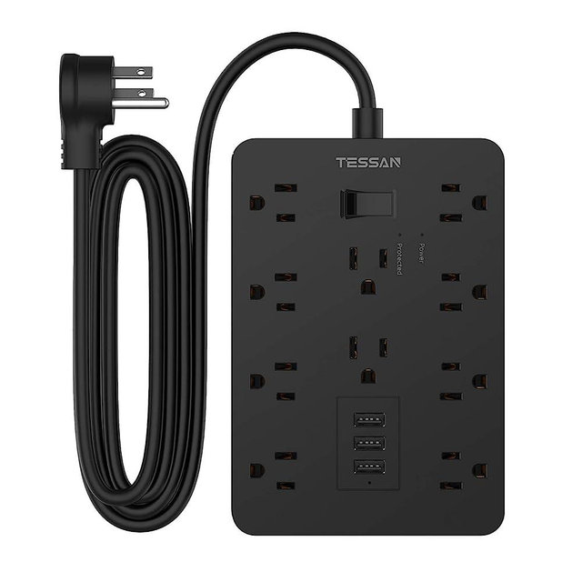 Surge Protector with Extension Cord 10 Ft, TESSAN Flat Plug Power Strip with 10 Widely Spaced AC Outlets and 3 Charging Ports, 1875W/15A, 1700J, Wall Mount Outlet Strip for Home, Office, School