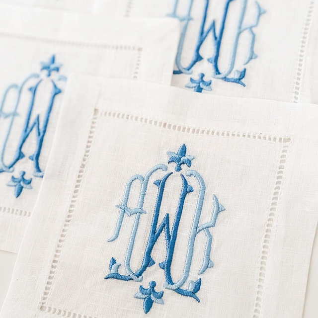 Monogrammed linen hemstitched cocktail napkins