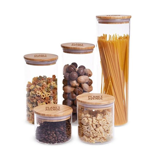 Glass Container with Bamboo Lid, Ecofriendly and Air Tight Wood Lid PLANET AVENUE 5-Piece Glass Food Container for Liquids, Cereals and Other Substances (TALL)
