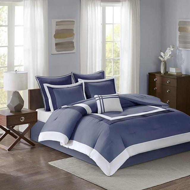 Comfort Spaces Cozy Comforter Set-Modern Classic Design, All Season Down Alternative Bedding, Matching Shams, Bedskirt, Decorative Pillows, Full/Queen(90 in x 90 in), Malcom, Hotel Deluxe Navy 7 Piece