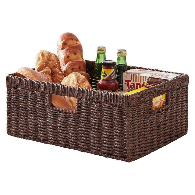 OIAHOMY Wicker Basket, Paper Storage Basket with Built-in Handles, Rectangular Wicker Storage Bin for Pantry, Bathroom, 1 Pack-Brown
