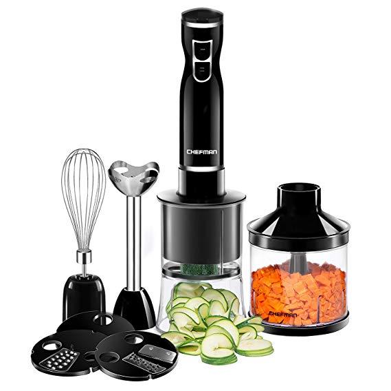 Chefman Immersion Blender & Electric Spiralizer/Vegetable Slicer 6-in-1 Food Prep Kit, Includes 3 Spiralizing Blade Attachments, Zoodle Maker; Grate, Ribbon, Spiral, Chop, Whisk and Puree