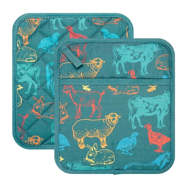 Pot Holders Set of 2 Heat Resistant 480℉ Kitchen 100% Cotton Comfortable Lining Printing Farm Cattle Flower Women Men Home Cooking Baking Microwave BBQ Gift (Farm Cattle potholds)